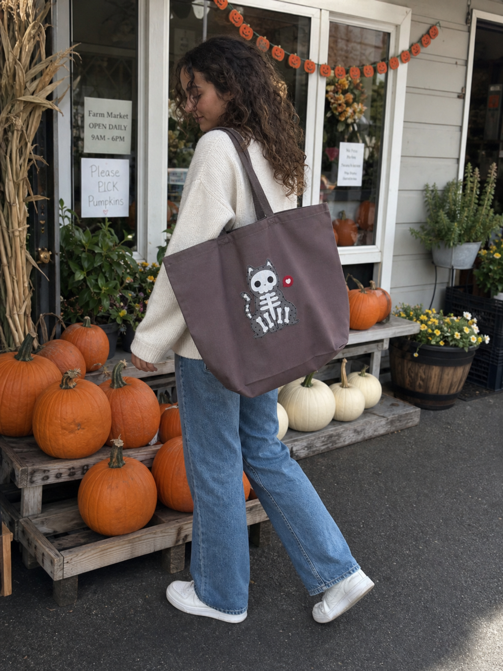 Skeleton Cat Patchwork Tote — Mocha Brown Canvas Tote Bag