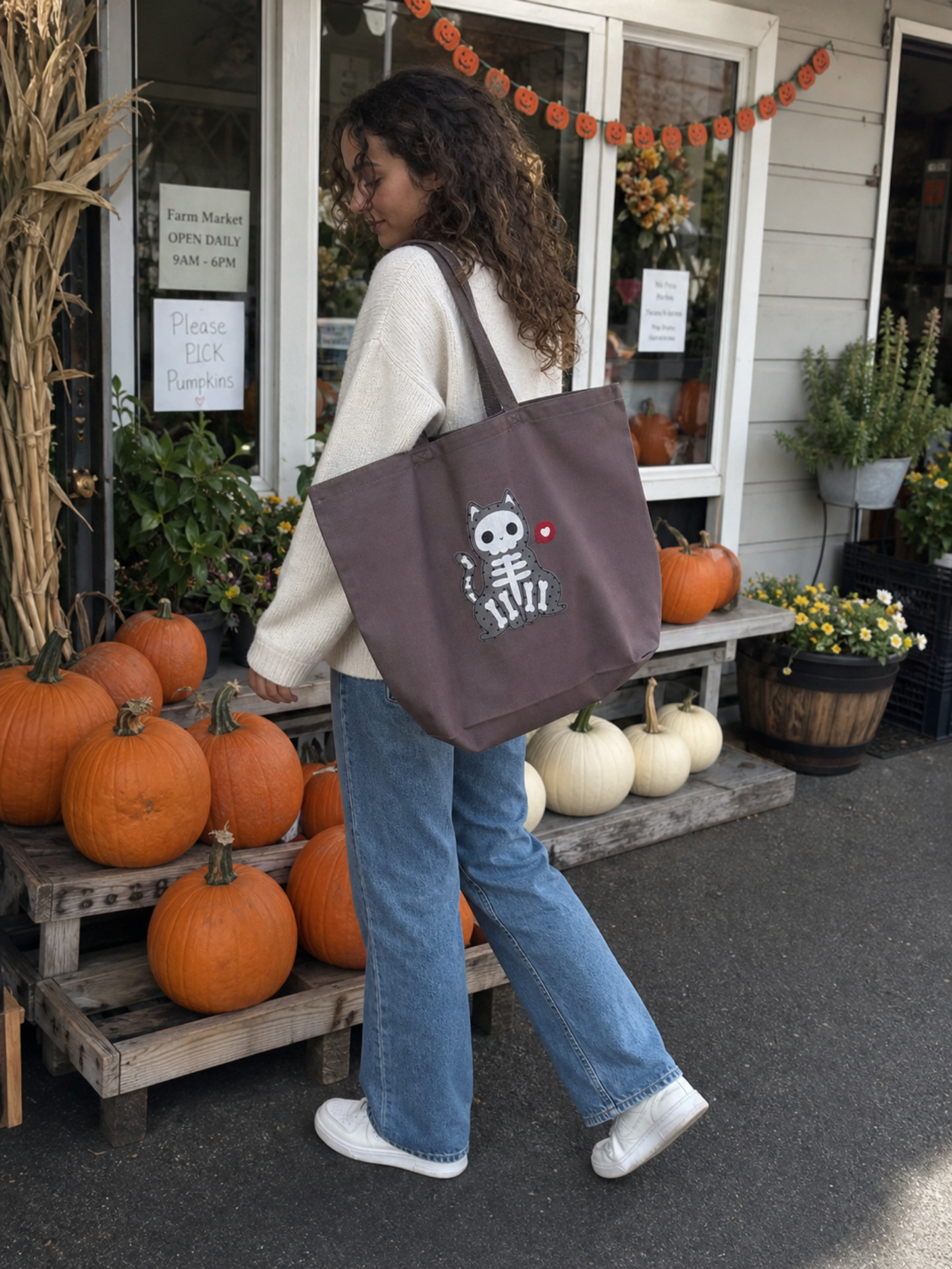 Skeleton Cat Patchwork Tote — Mocha Brown Canvas Tote Bag