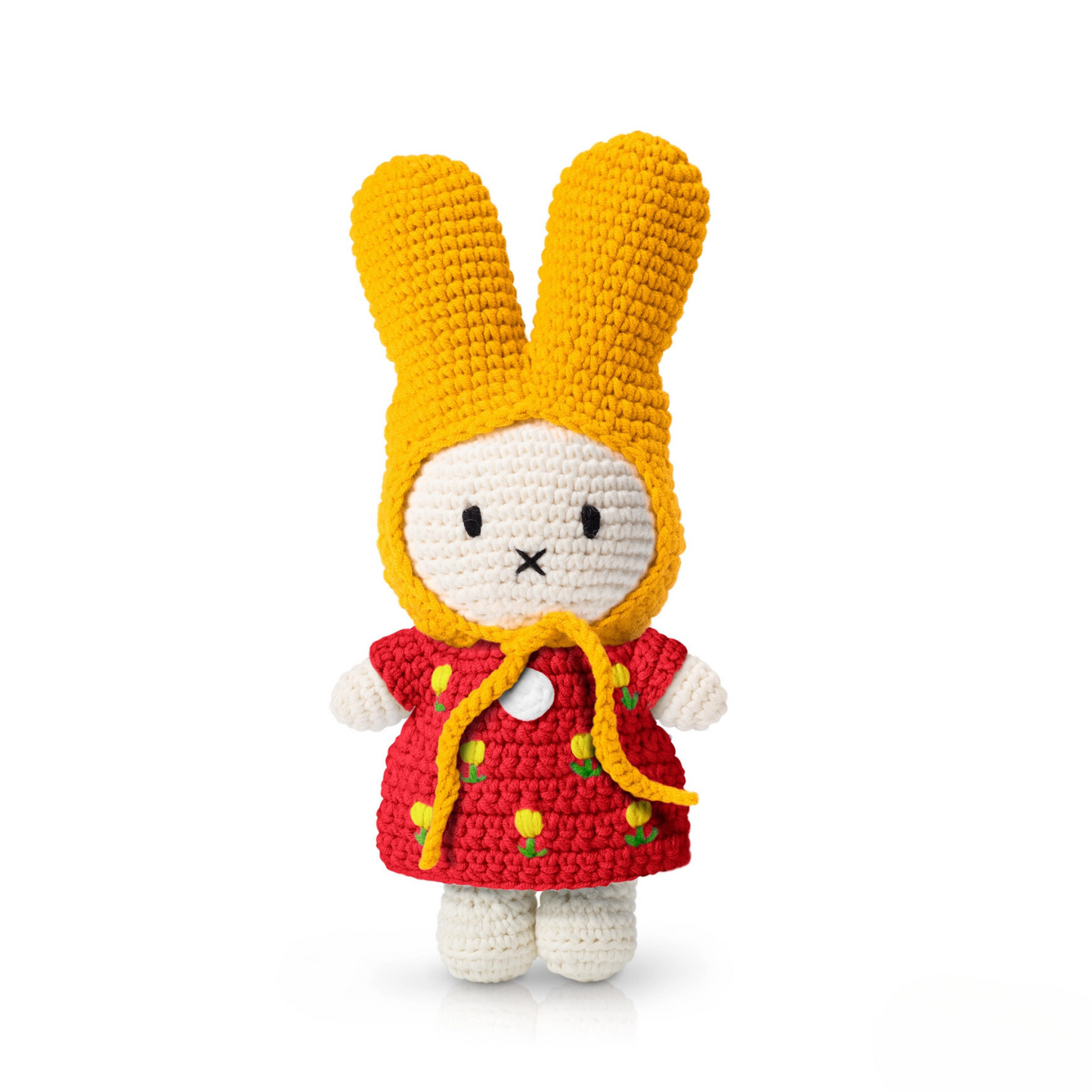 Miffy Crochet Plush Toy – Handmade Stuffed Animal in Tulip Red Dress & Yellow Hat