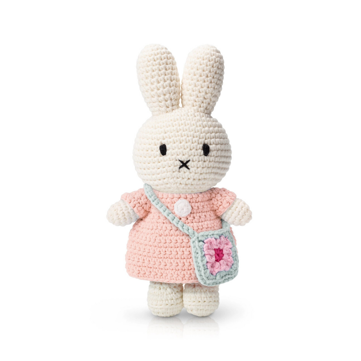 Miffy Crochet Plush Toy – Pink Dress with Blue Flower Bag | Handmade