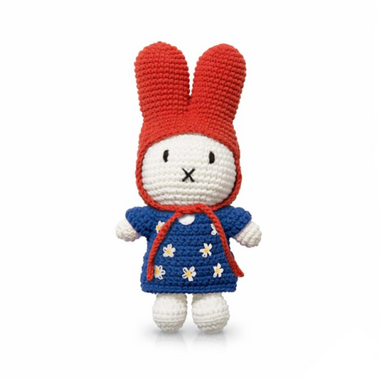 Miffy Crochet Plush Toy – Handmade Stuffed Animal with Blue Flower Dress & Red Hat