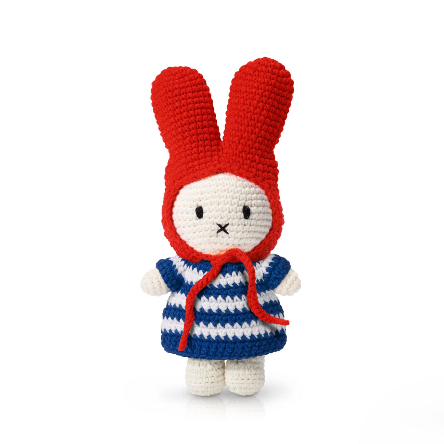 Miffy Crochet Plush Toy – Handmade Stuffed Animal with Blue Striped Dress & Red Hat