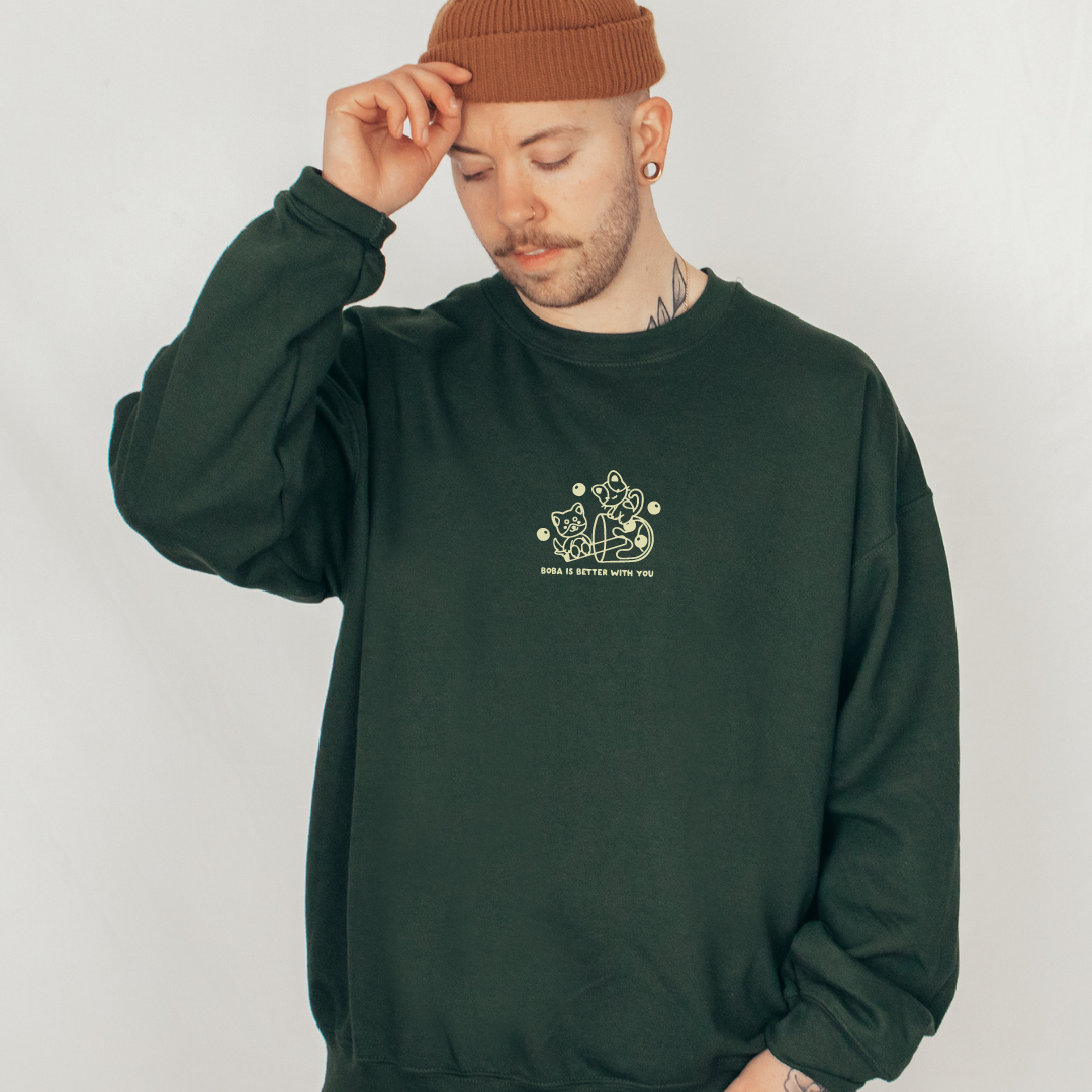 [OOPSIE] Boba Is Better With You Embroidered Oversized Sweatshirt – Pink or Forest Green