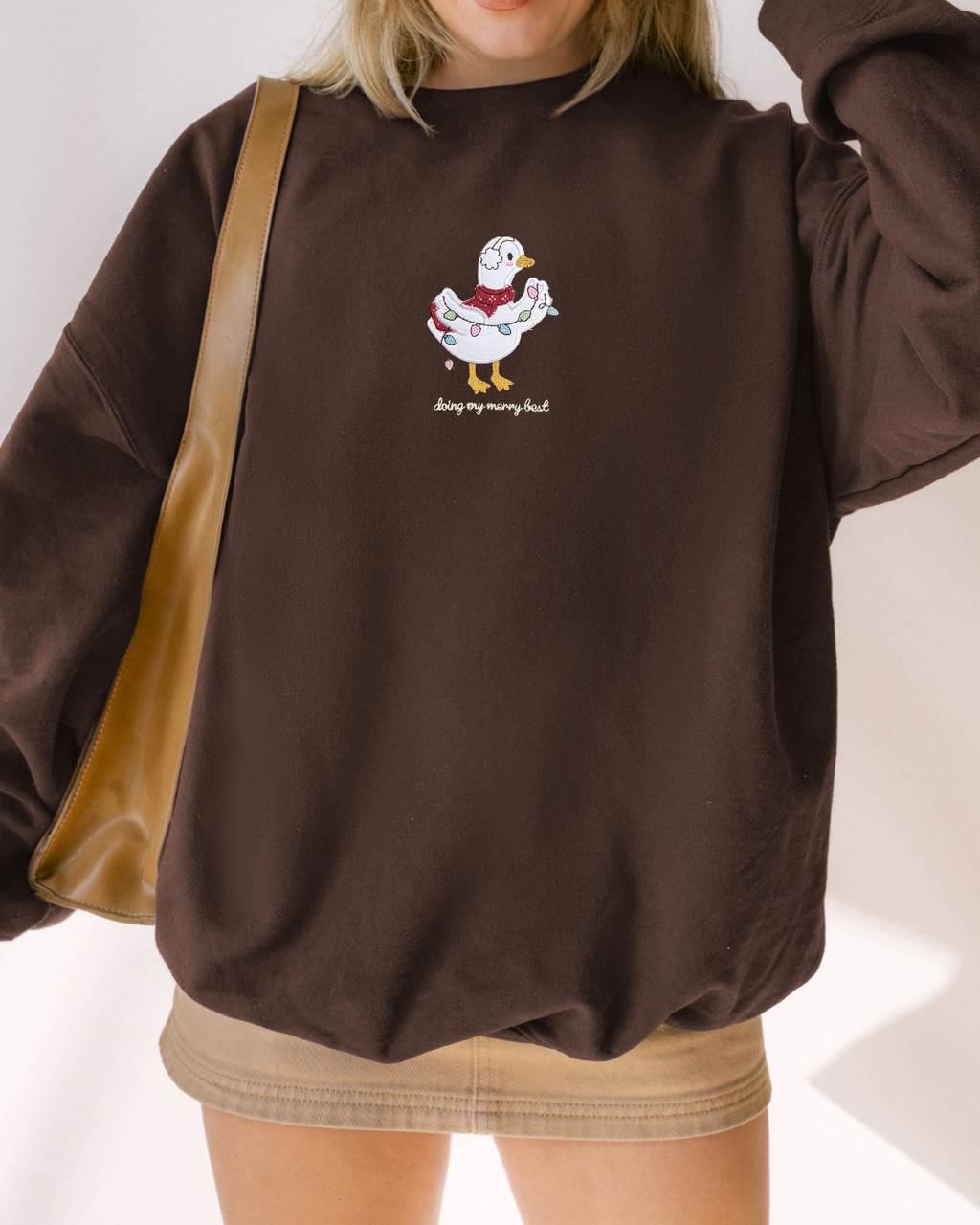 Silly Goose “Doing My Merry Best” Embroidered Christmas Sweatshirt – Brown