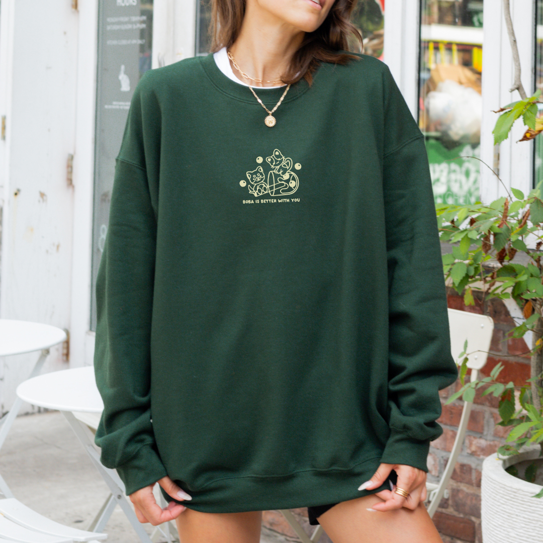 [OOPSIE] Boba Is Better With You Embroidered Oversized Sweatshirt – Pink or Forest Green