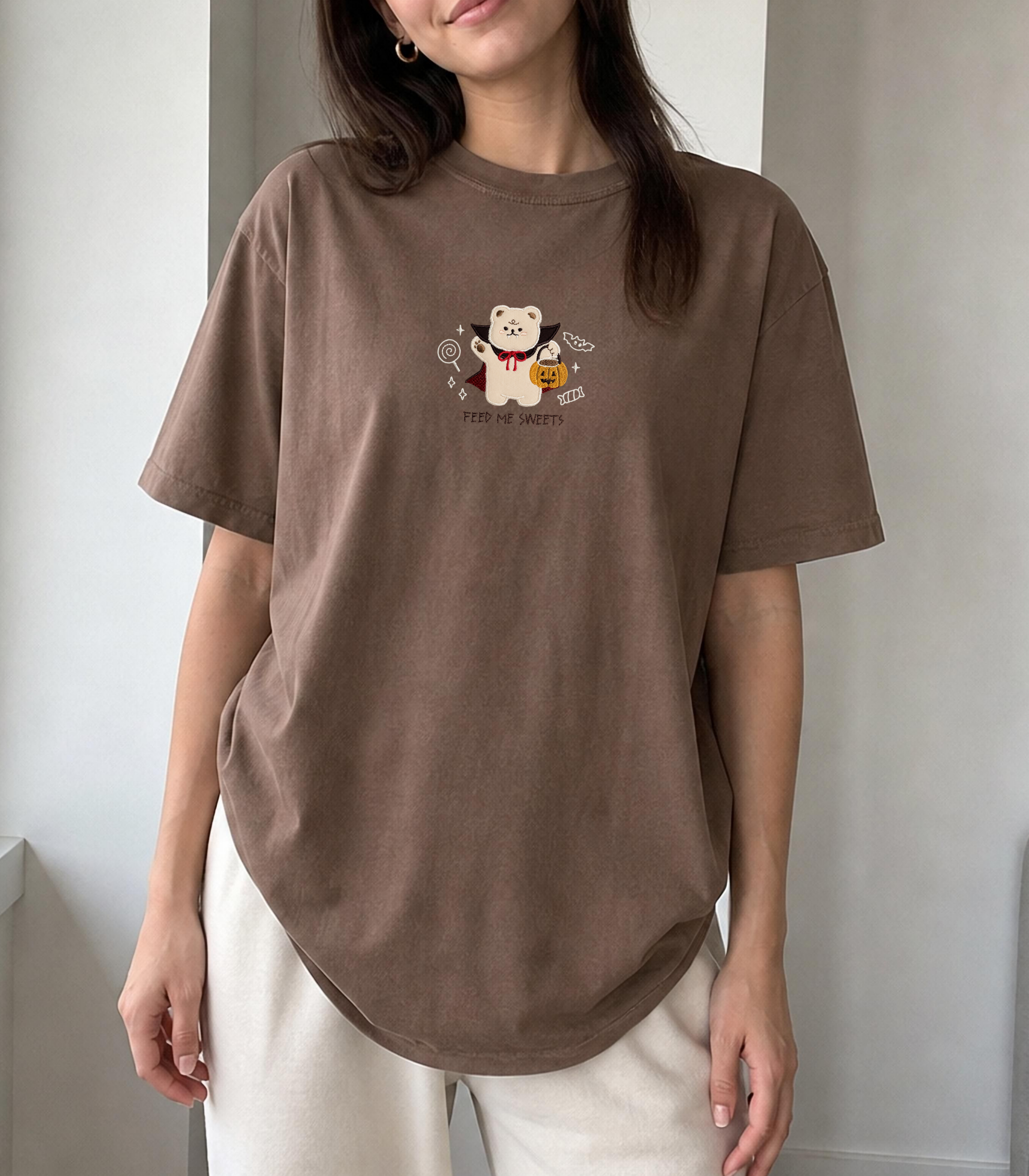 Vampire Bear 'Feed Me Sweets' Patchwork Tee — Espresso Relaxed Fit 100% Cotton T-Shirt
