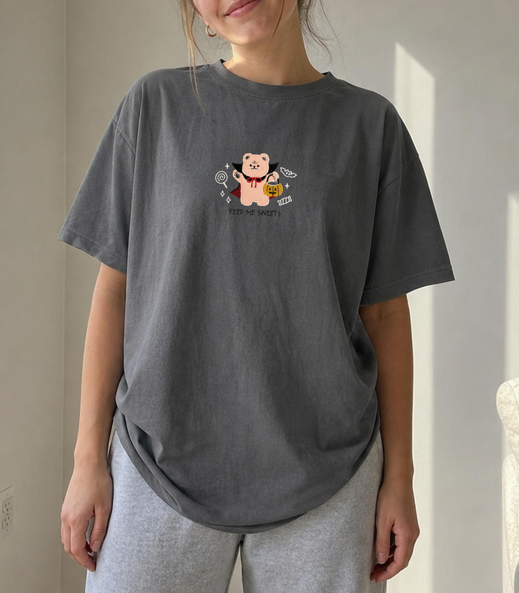 Vampire Bear 'Feed Me Sweets' Patchwork Tee — Pepper Relaxed Fit 100% Cotton T-Shirt