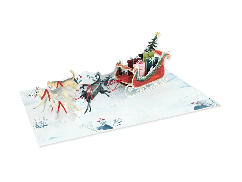 Sled Dogs Christmas Card – 3D Pop-Up Holiday Greeting with Santa’s Sleigh