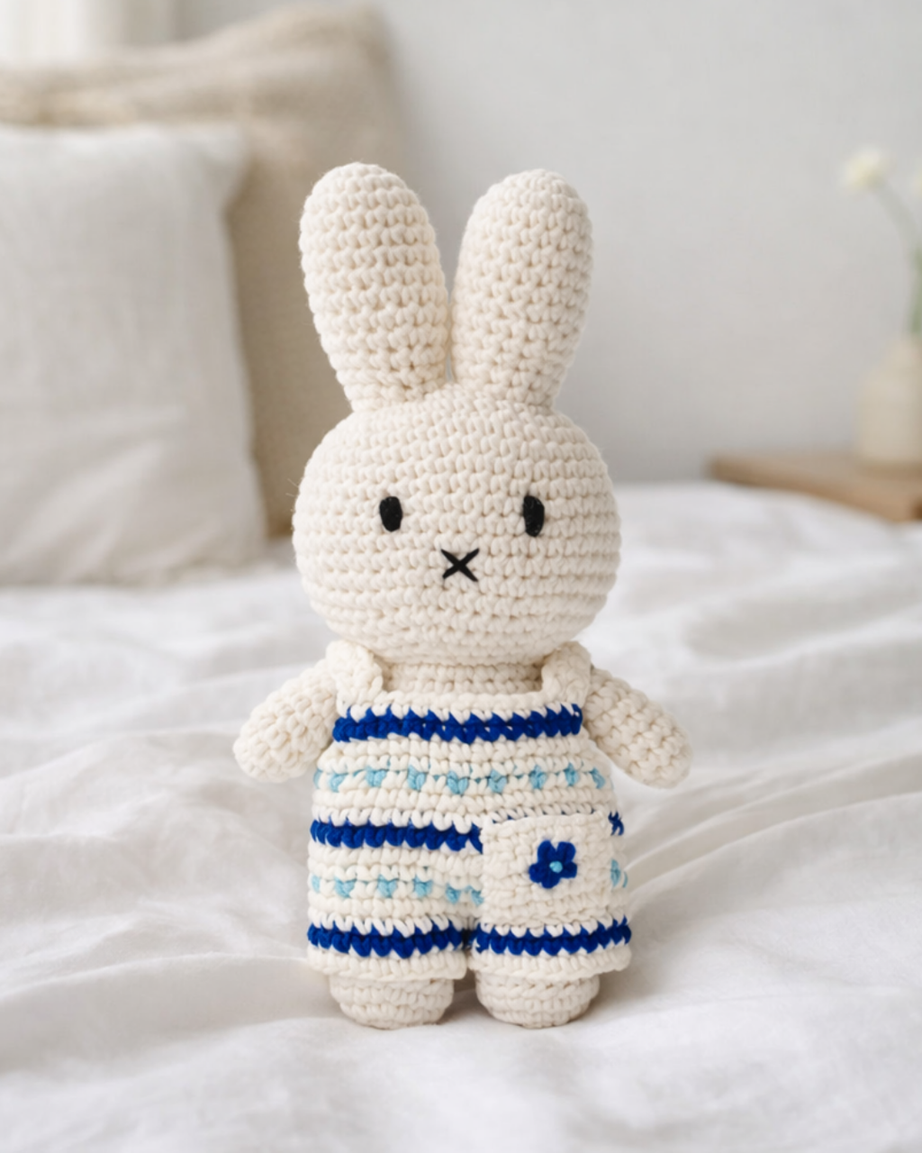 Cute amigurumi crochet Miffy plush toy in blue jumpsuit sitting on bed, handmade stuffed animal for nursery decor or baby gift idea