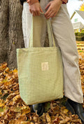 Sage Gingham Canvas Tote Bag with Pockets & Magnetic Closure