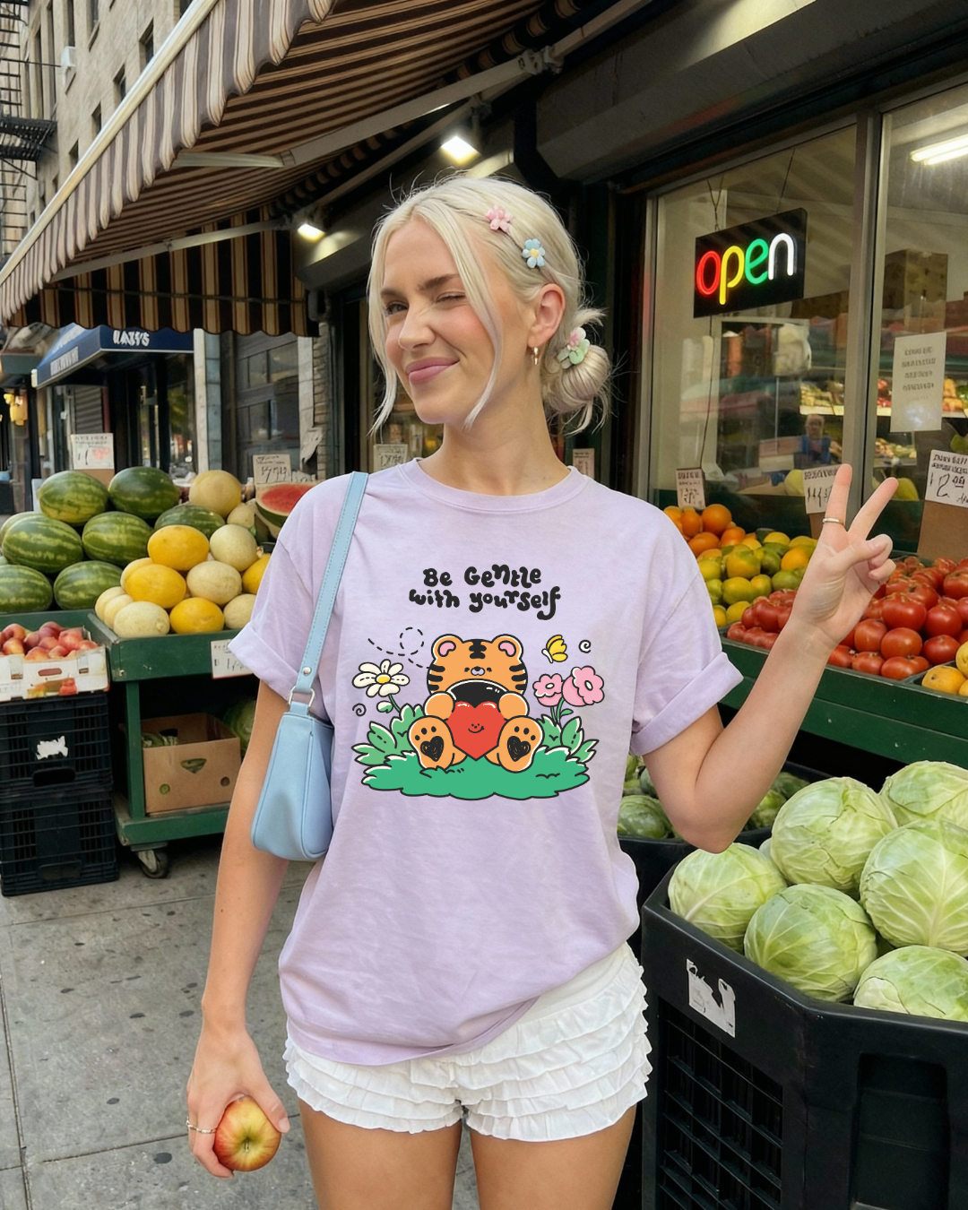 Person wearing a pastel purple graphic tee with a tiger illustration and the phrase “be gentle with yourself” at an outdoor market