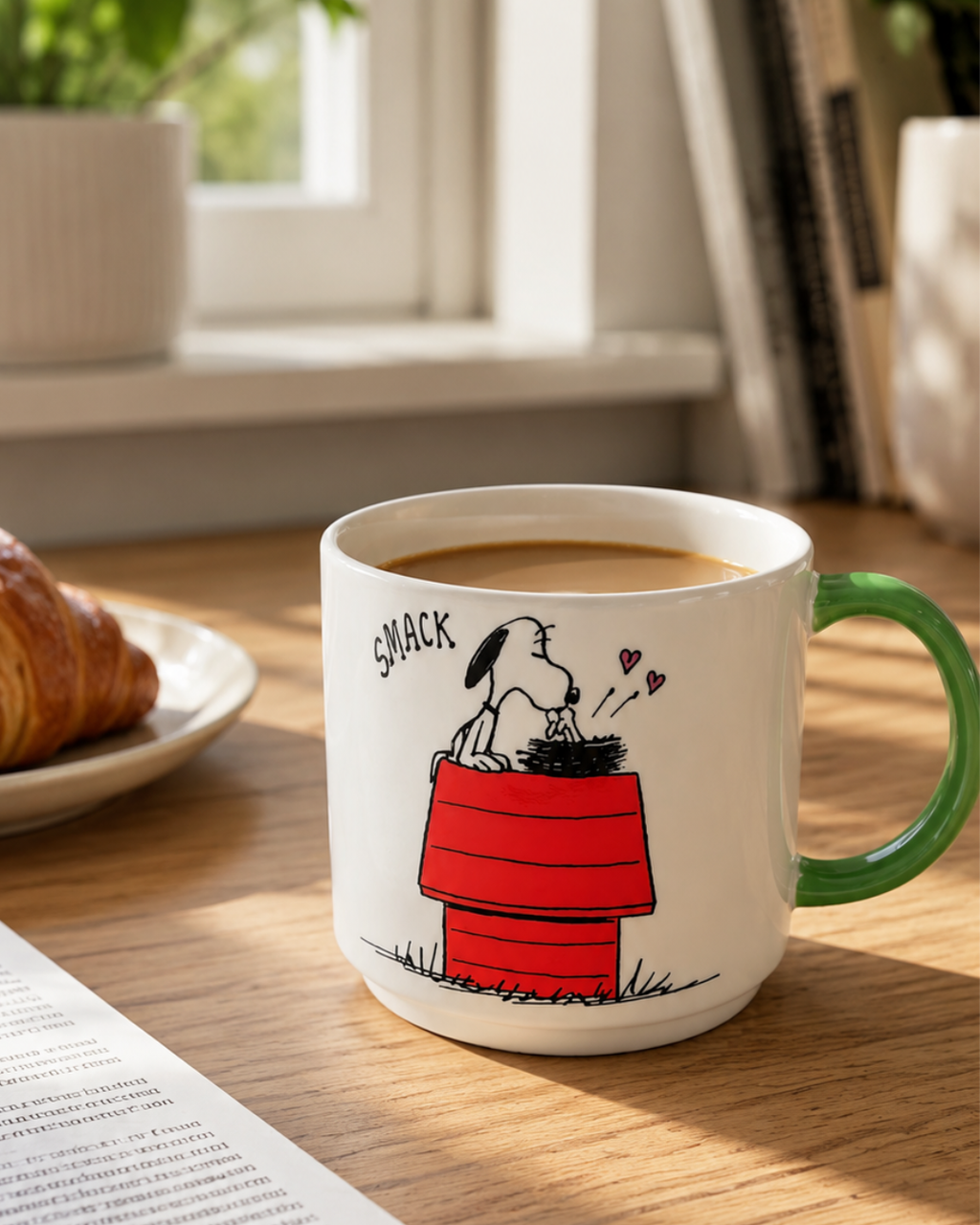 A green-handled Snoopy mug featuring Snoopy kissing Woodstock atop his red doghouse sits on a kitchen counter beside a croissant and a potted plant.
