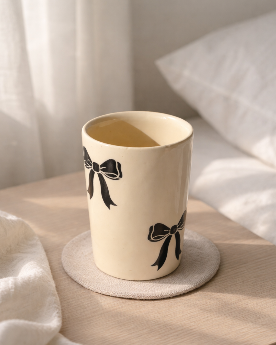 Handmade ceramic bow coffee mug with black bow design placed on a linen coaster, aesthetic ceramic mug for coffee lovers and cozy coffee aesthetic