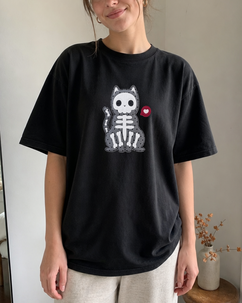 Skeleton Cat Patchwork Tee — Black Relaxed Fit 100% Cotton T-Shirt