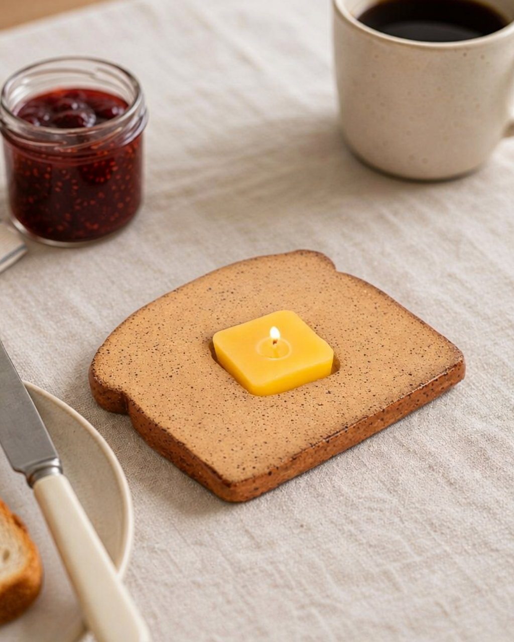 Toast shaped candle beside jam jar and butter knife, novelty bread candle for quirky kitchen decor and breakfast styling.