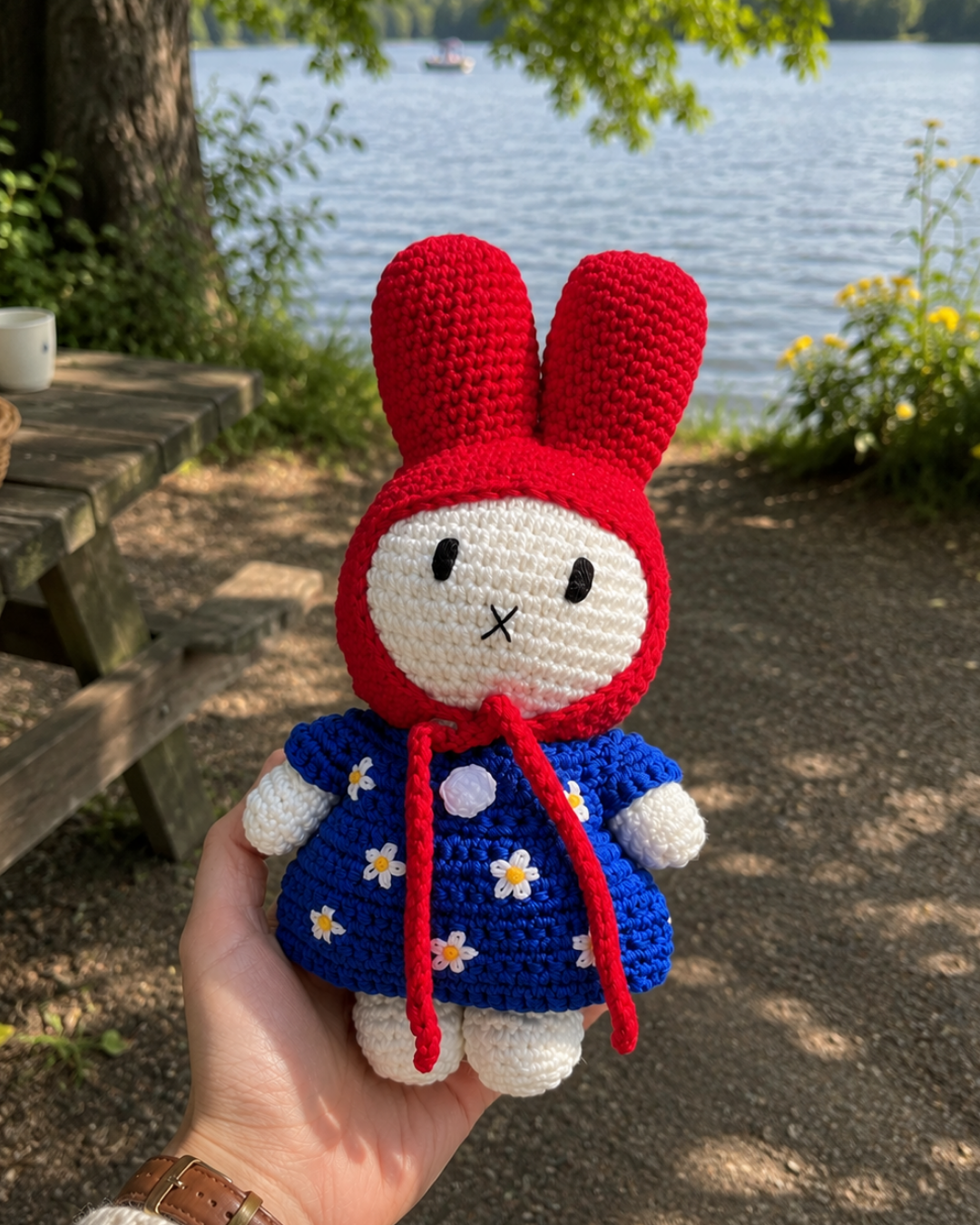 Handmade Crochet Bunny Plush – Blue Floral Dress | Miffy