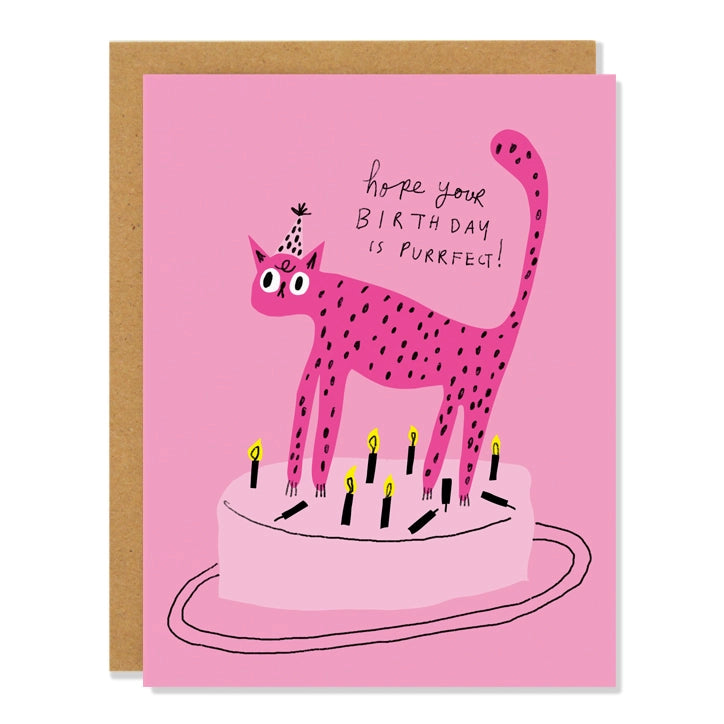 Purrfect Birthday – Funny Cat Birthday Card for Cat Lovers | Cute Pink Greeting Card, Quirky Animal Birthday Card, Whimsical Stationery