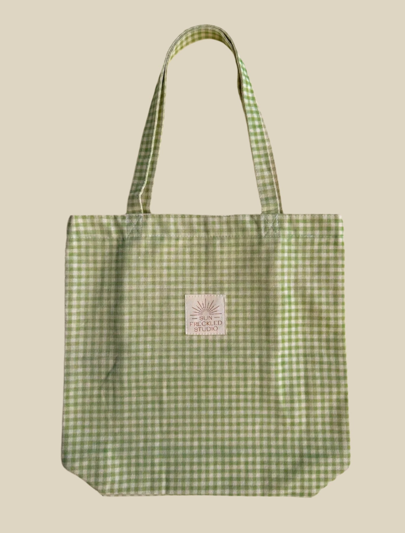 Sage Gingham Tote Bag – Lightweight Canvas Shoulder Bag with Interior Pockets & Magnetic Closure