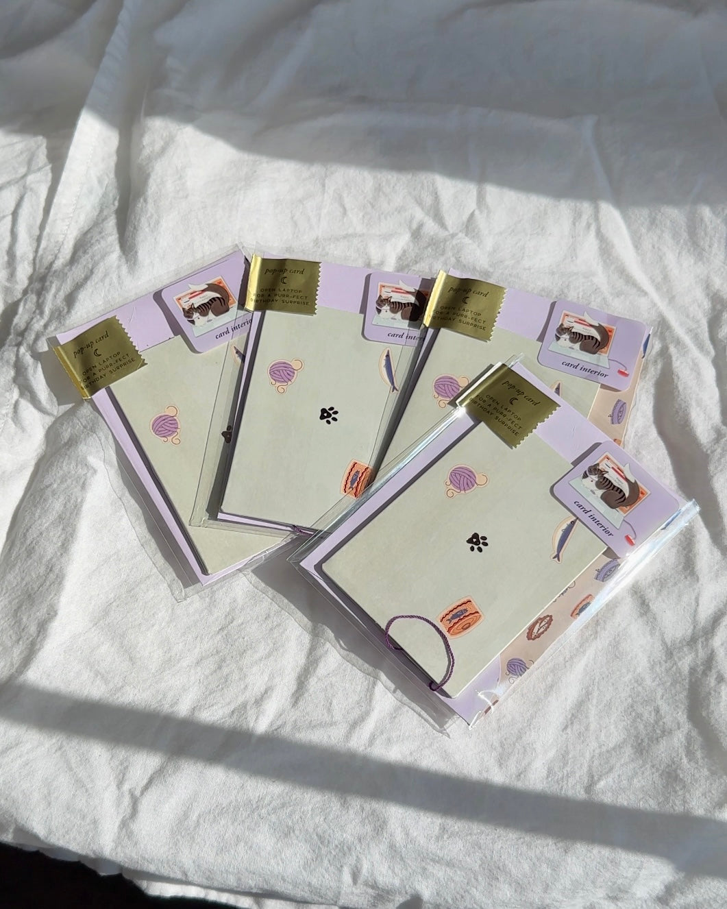 Pack of funny cat pop-up birthday cards with lavender envelope and interactive design.