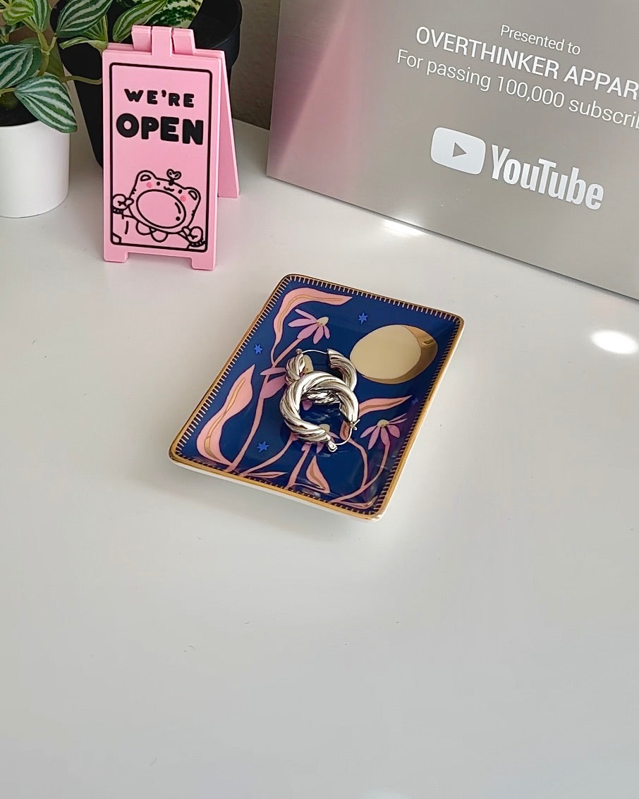Celestial Floral Jewelry Tray – Moon Ceramic Trinket Dish