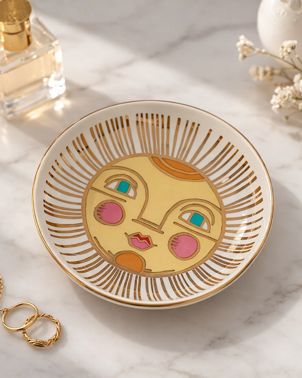 Decorative sun face trinket dish with gold rings on marble surface, celestial jewelry organizer tray for vanity or dresser