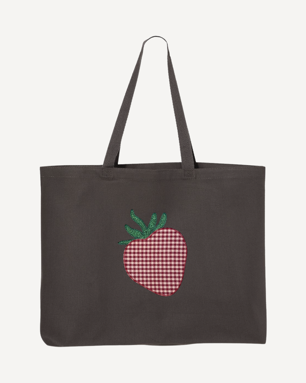 Charcoal canvas tote bag with strawberry embroidery and gingham pattern, oversized cotton tote with gusset for work, travel, or daily use