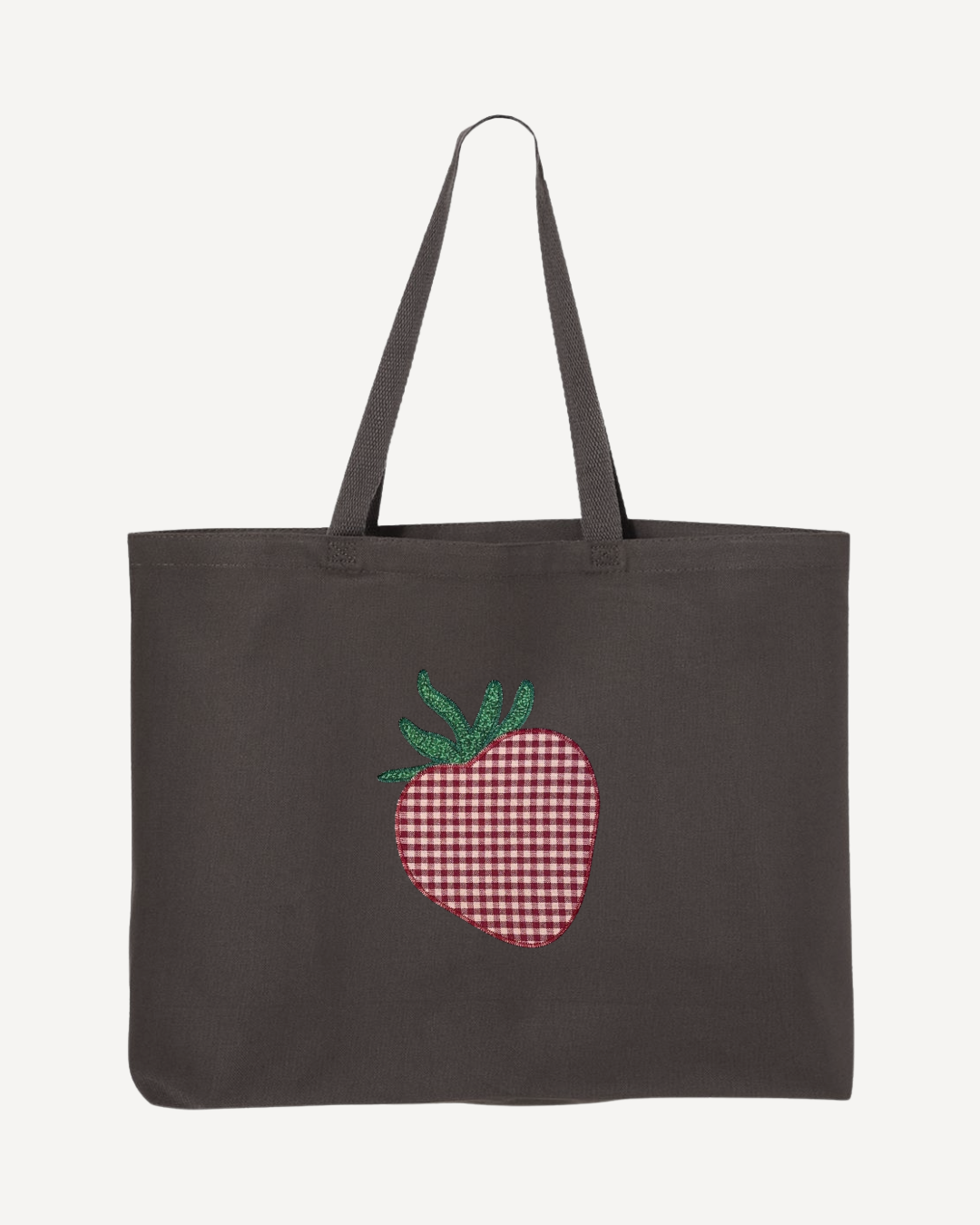 Charcoal canvas tote bag with strawberry embroidery and gingham pattern, oversized cotton tote with gusset for work, travel, or daily use