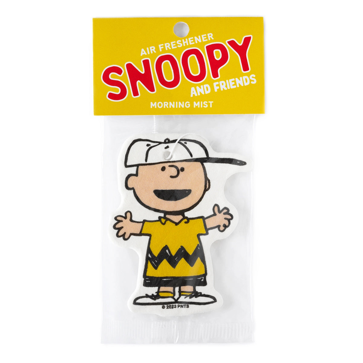 Charlie Brown Morning Mist air freshener in yellow Snoopy packaging. Scented Peanuts merch for car decor or retro gifting.