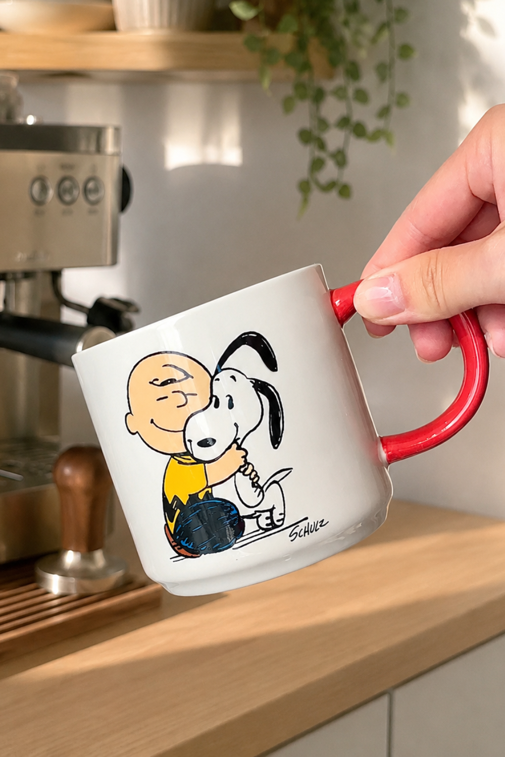 Charlie Brown hugging Snoopy on a Happiness Is a Warm Puppy ceramic mug with red handle.