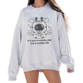 Model wearing gray emotional support sweatshirt with meditating tiger and crab design – ‘it’s just a crabby day, not a crabby life’ quote on front