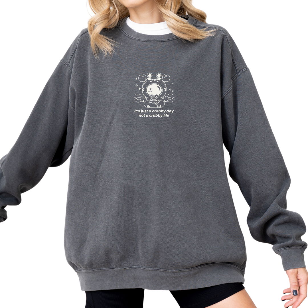 Model wearing a charcoal embroidered crewneck sweatshirt with a small crab design and the phrase “it’s just a crabby day, not a crabby life.”