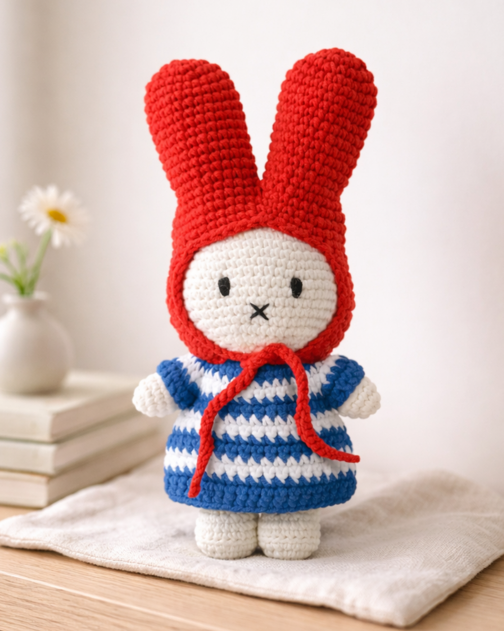 Handmade crochet Miffy plush wearing a red bonnet and blue striped dress, cute amigurumi bunny stuffed animal for nursery decor or baby shower gift