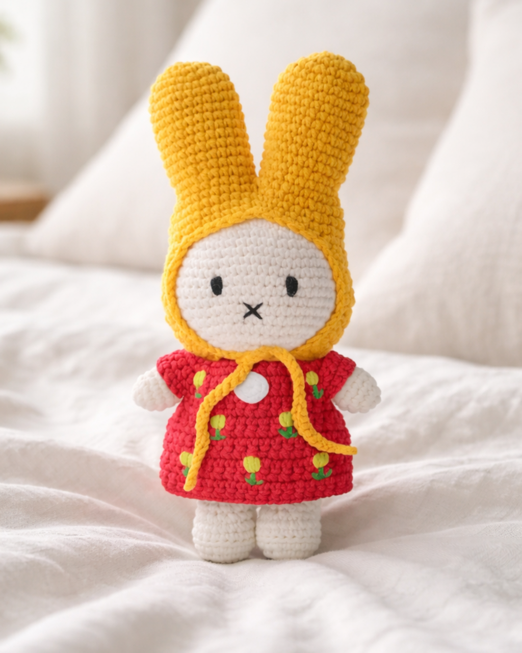Handmade crochet Miffy plush wearing a yellow bonnet and red dress with floral details, cute amigurumi bunny stuffed animal for nursery decor