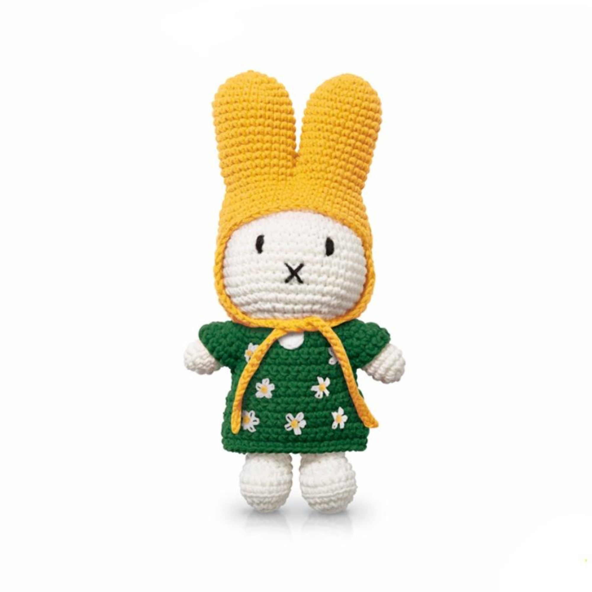 Adorable handmade crochet bunny with yellow bonnet and green dress embroidered with tiny white flowers — perfect for spring or nature-inspired gifting.