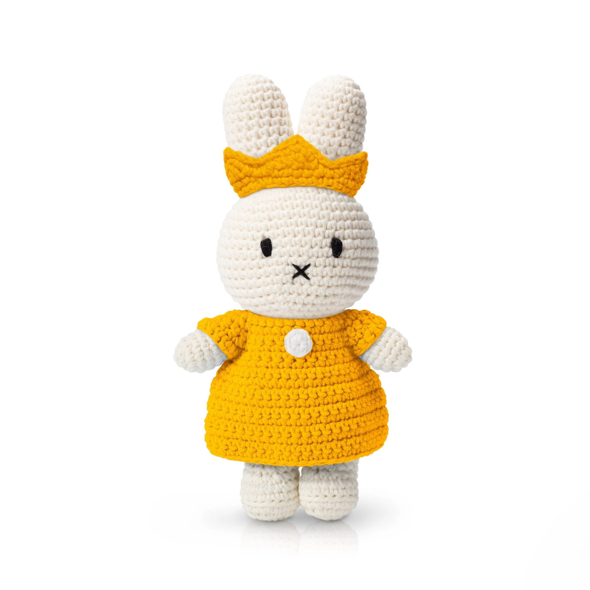 Handmade crochet bunny doll in a bright yellow dress with a matching crown — a whimsical plush toy perfect for imaginative play or royal-themed gifts.