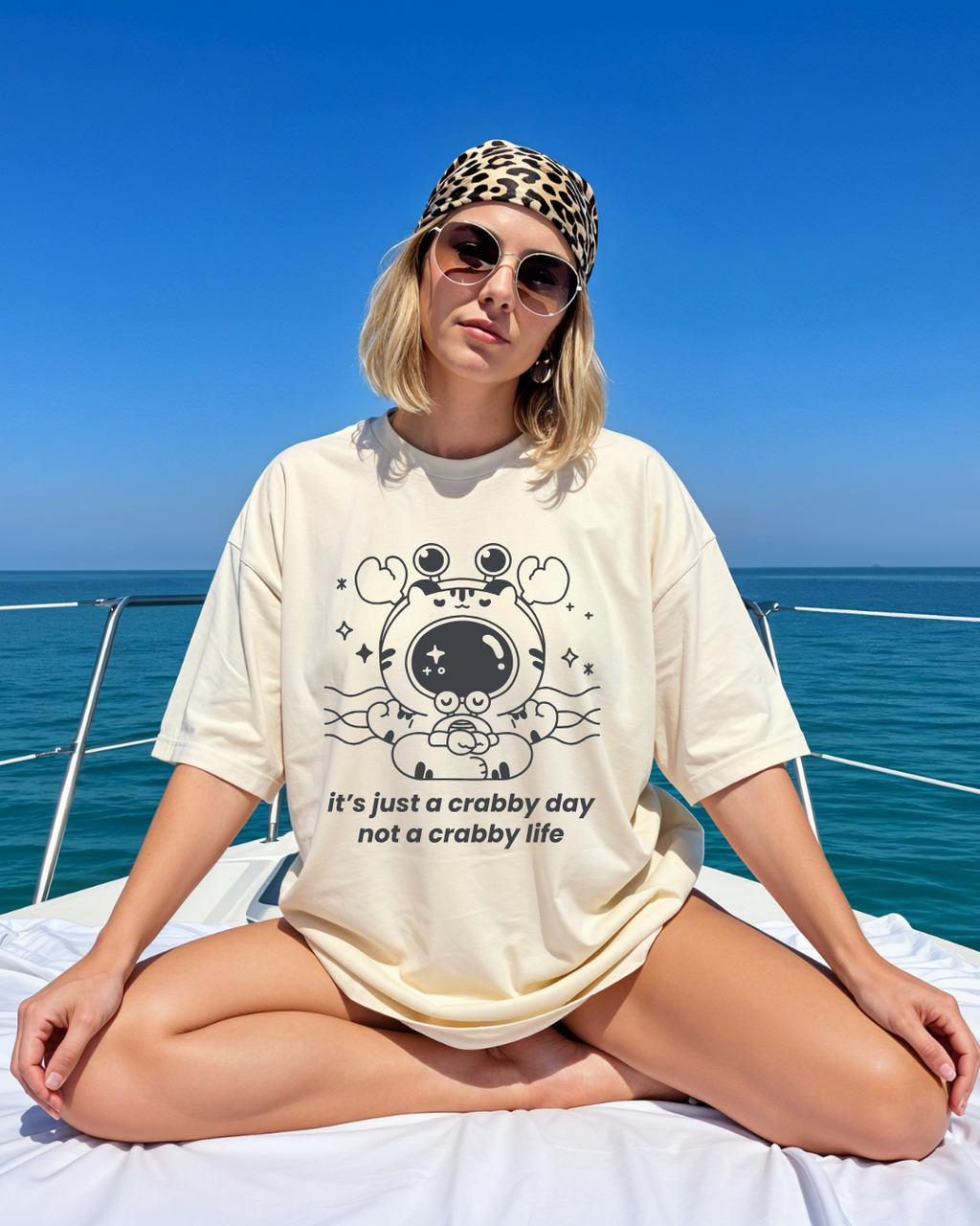 Relaxed fit ivory graphic t-shirt with a meditating crab design and mental health message, worn outdoors as a self-care inspired casual look