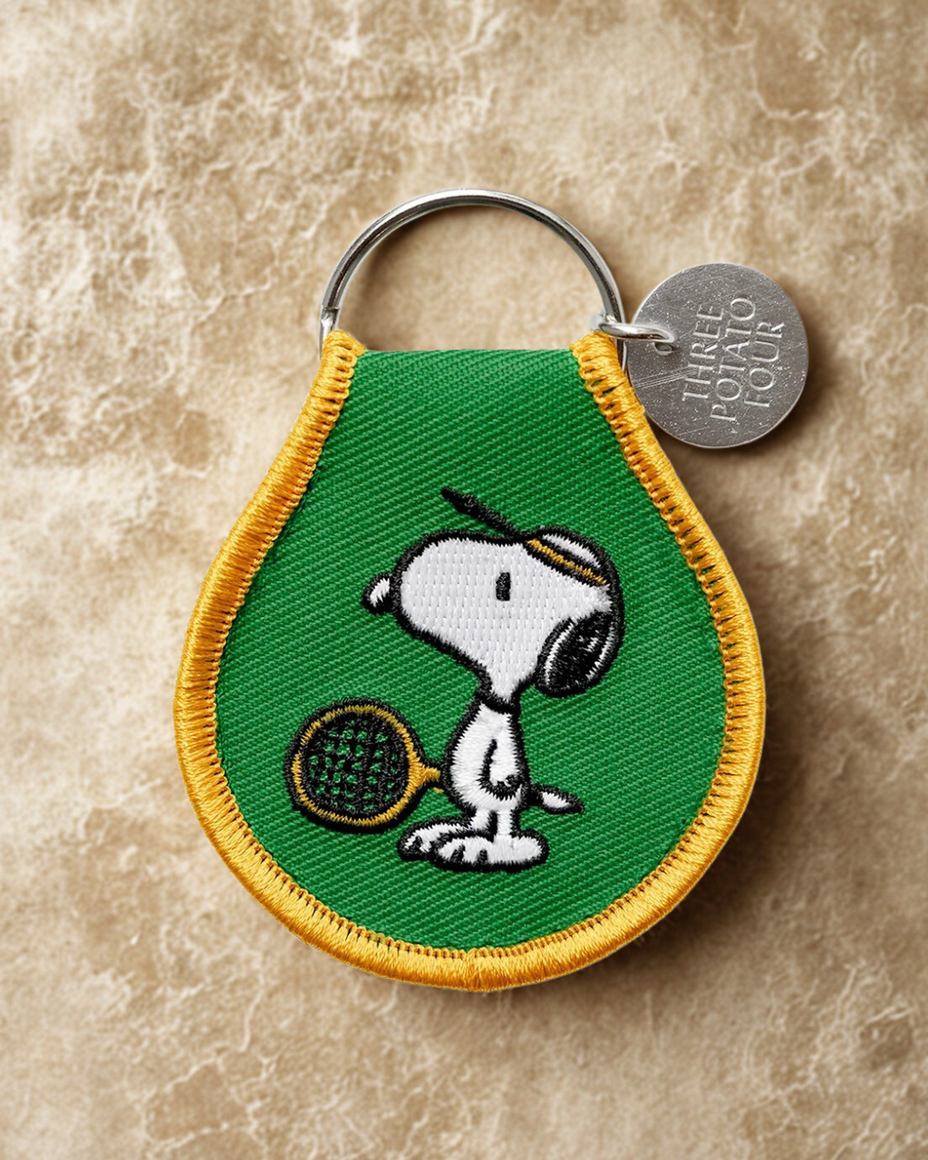 Cute Snoopy tennis embroidered keychain inspired by Peanuts comic character, fabric patch keychain bag charm for backpack purse or keys, Snoopy fan gift idea