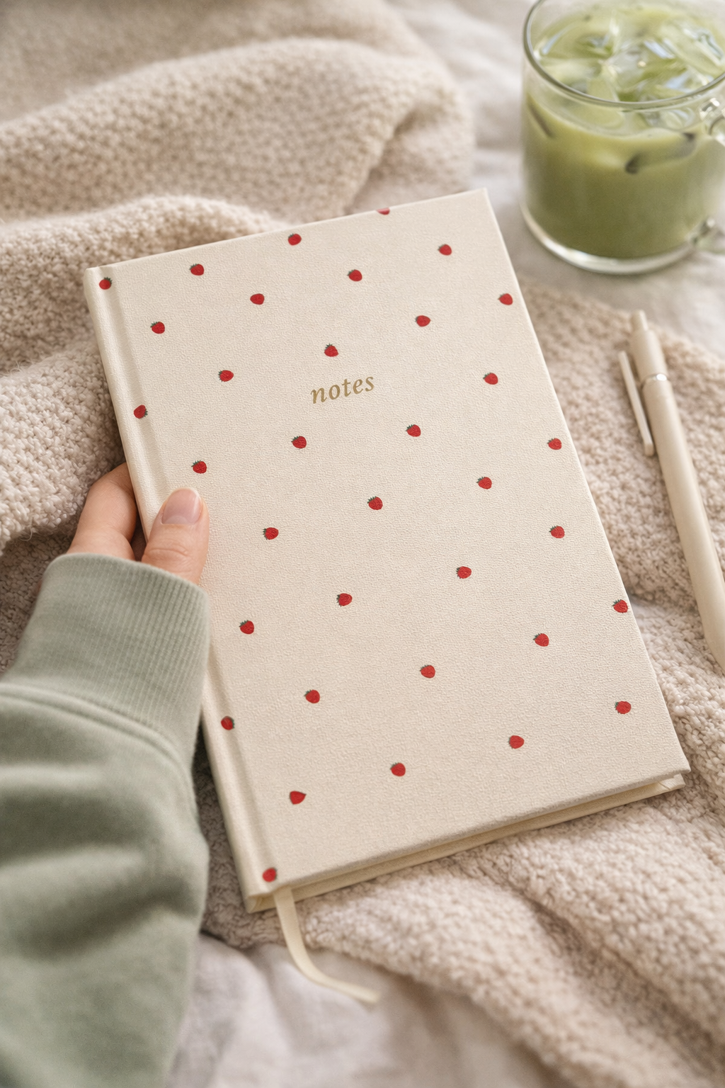 Cute strawberry journal with linen hardcover and ribbon bookmark held against cozy blanket, aesthetic A5 lined notebook for journaling, creative writing, and everyday notes.
