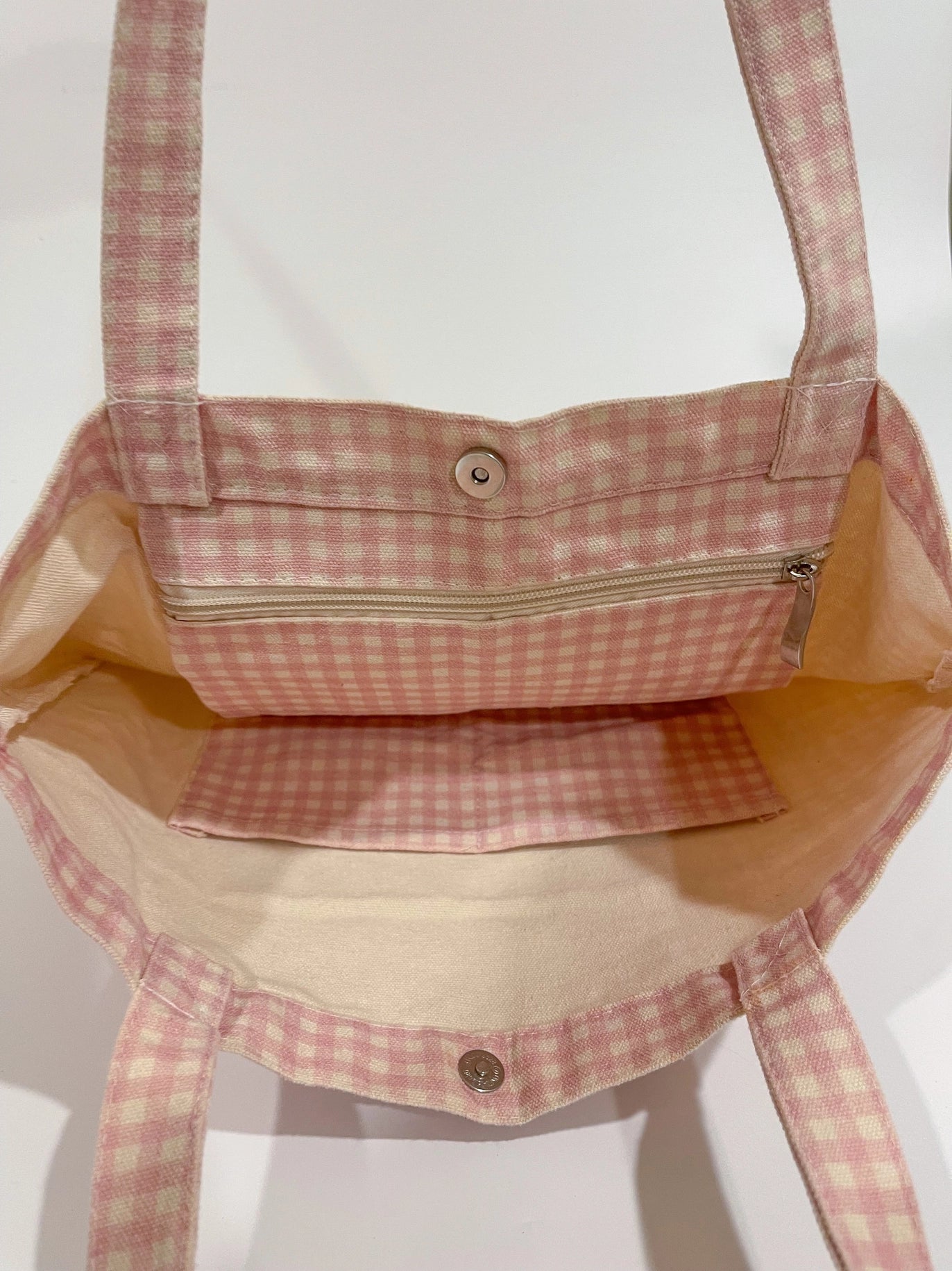 Strawberry Gingham Tote Bag – Pink Canvas Everyday Bag with Magnetic Closure & Interior Pockets (15")