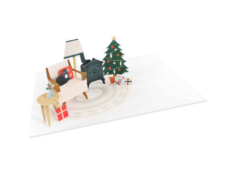Cozy Dwelling Christmas Card – 3D Pop-Up Holiday Room with Cat
