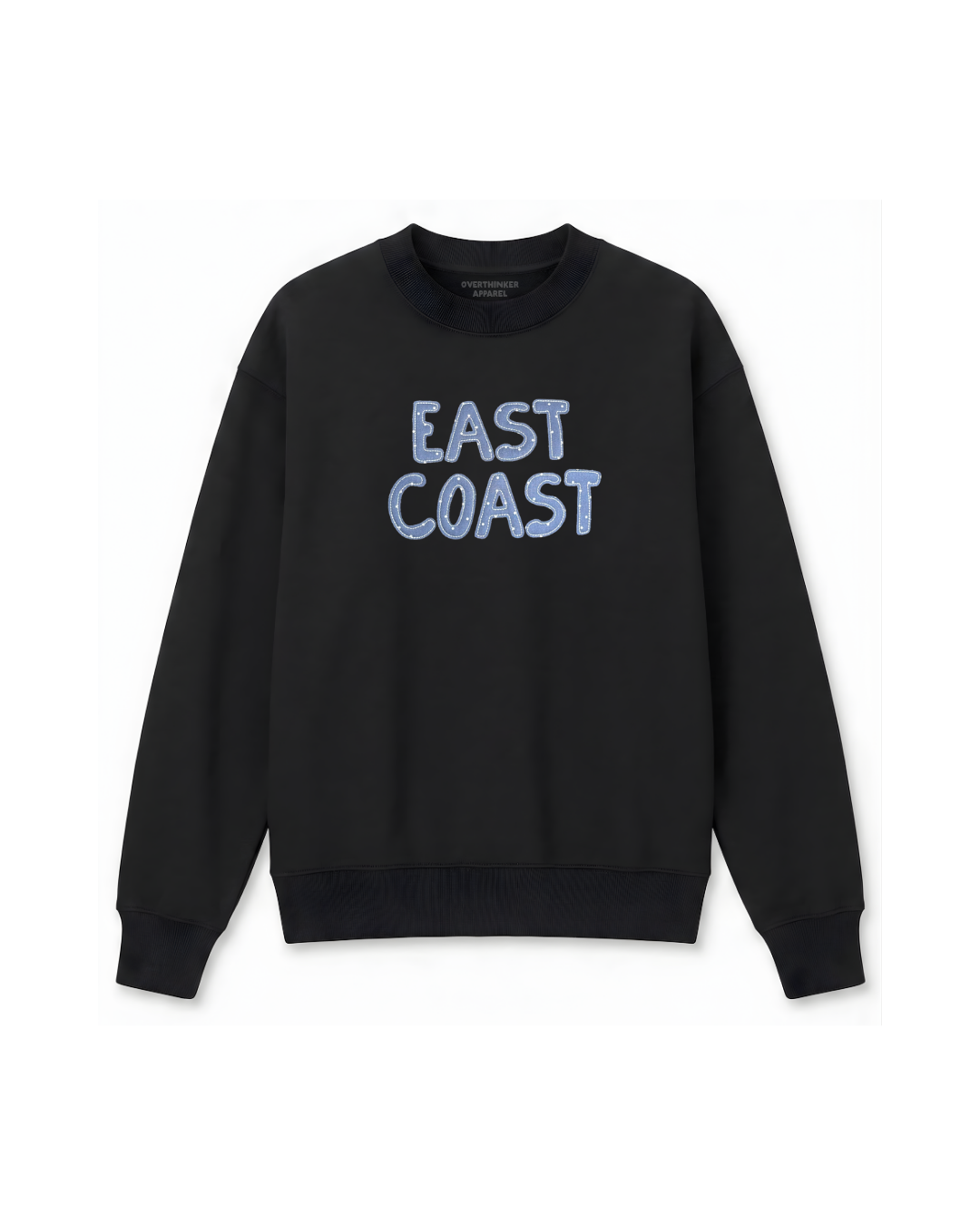 black oversized sweatshirt with east coast embroidered text relaxed fit cozy everyday minimal outfit