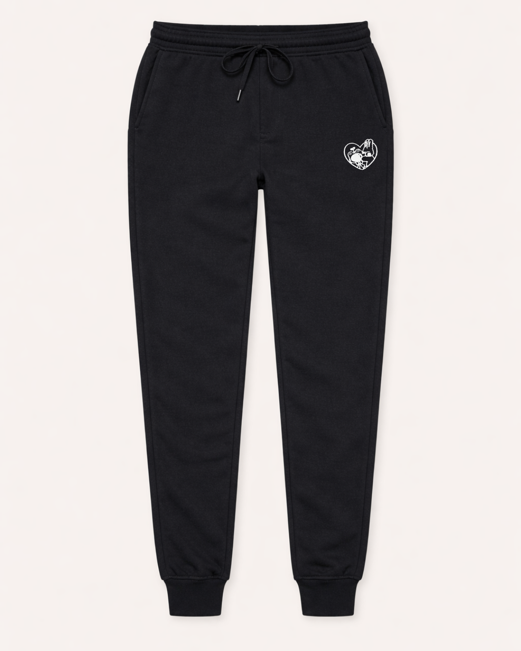 Black embroidered sweatpants for women with relaxed fit, elastic waistband and ribbed ankle cuffs.