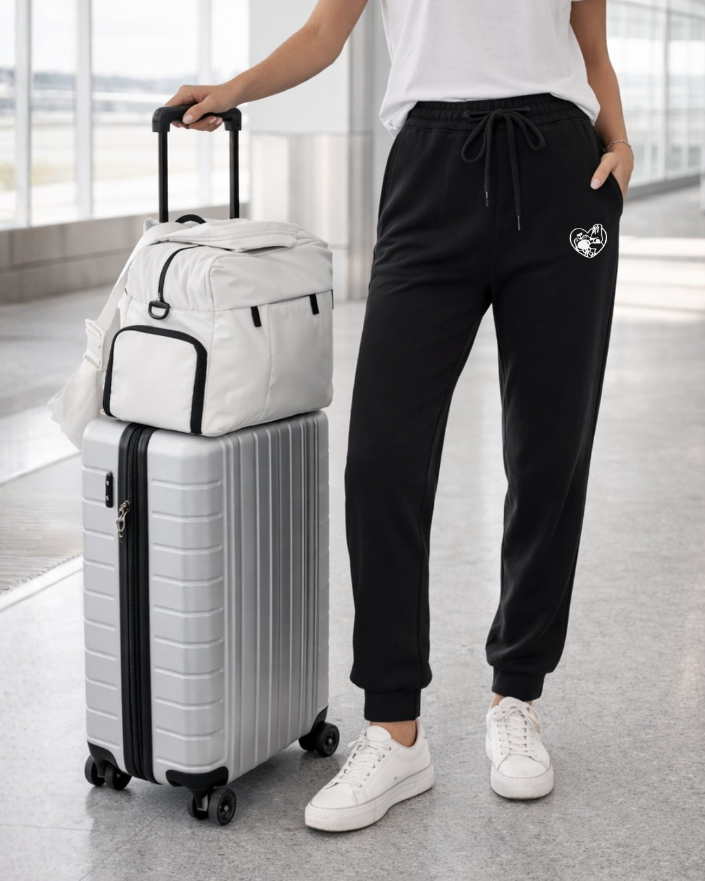 Woman wearing black embroidered sweatpants with white t-shirt and sneakers at airport, relaxed fit cozy travel outfit.