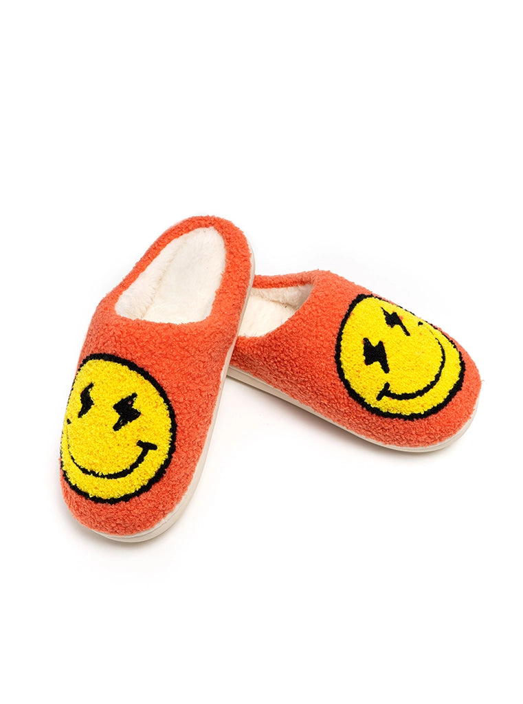 Cozy Smiley Face Slippers – Orange Fuzzy House Shoes with Lightning Eyes (Indoor/Outdoor Soles)