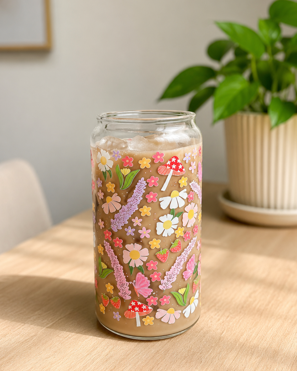 A clear glass can-shaped tumbler filled with iced coffee, decorated with colorful wildflower and mushroom illustrations, set on a light wood table with a blurred potted plant in the background.