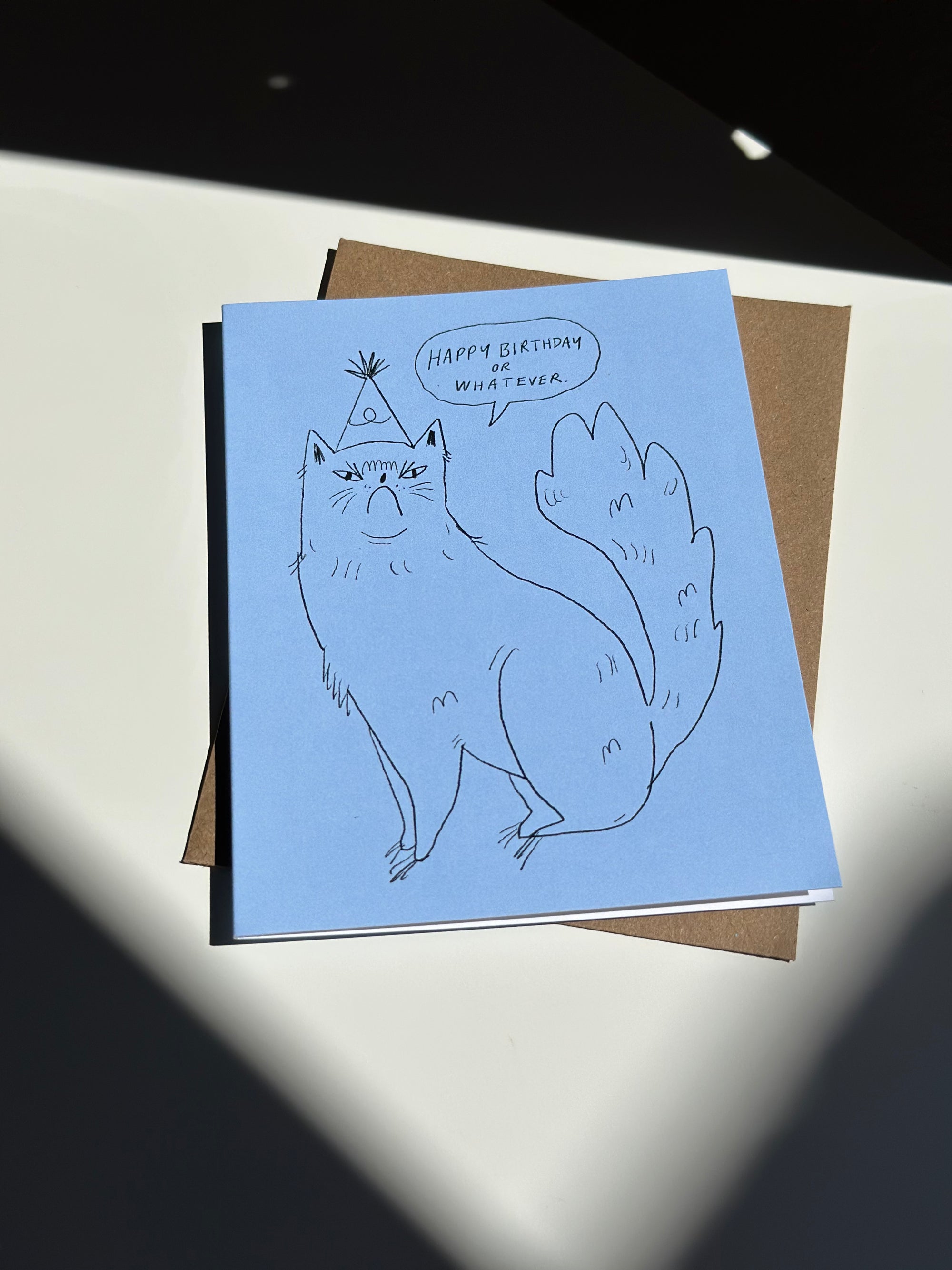 Funny cat birthday card with hand-drawn grumpy cat wearing party hat, saying ‘Happy Birthday or Whatever’ on blue card with brown kraft envelope.