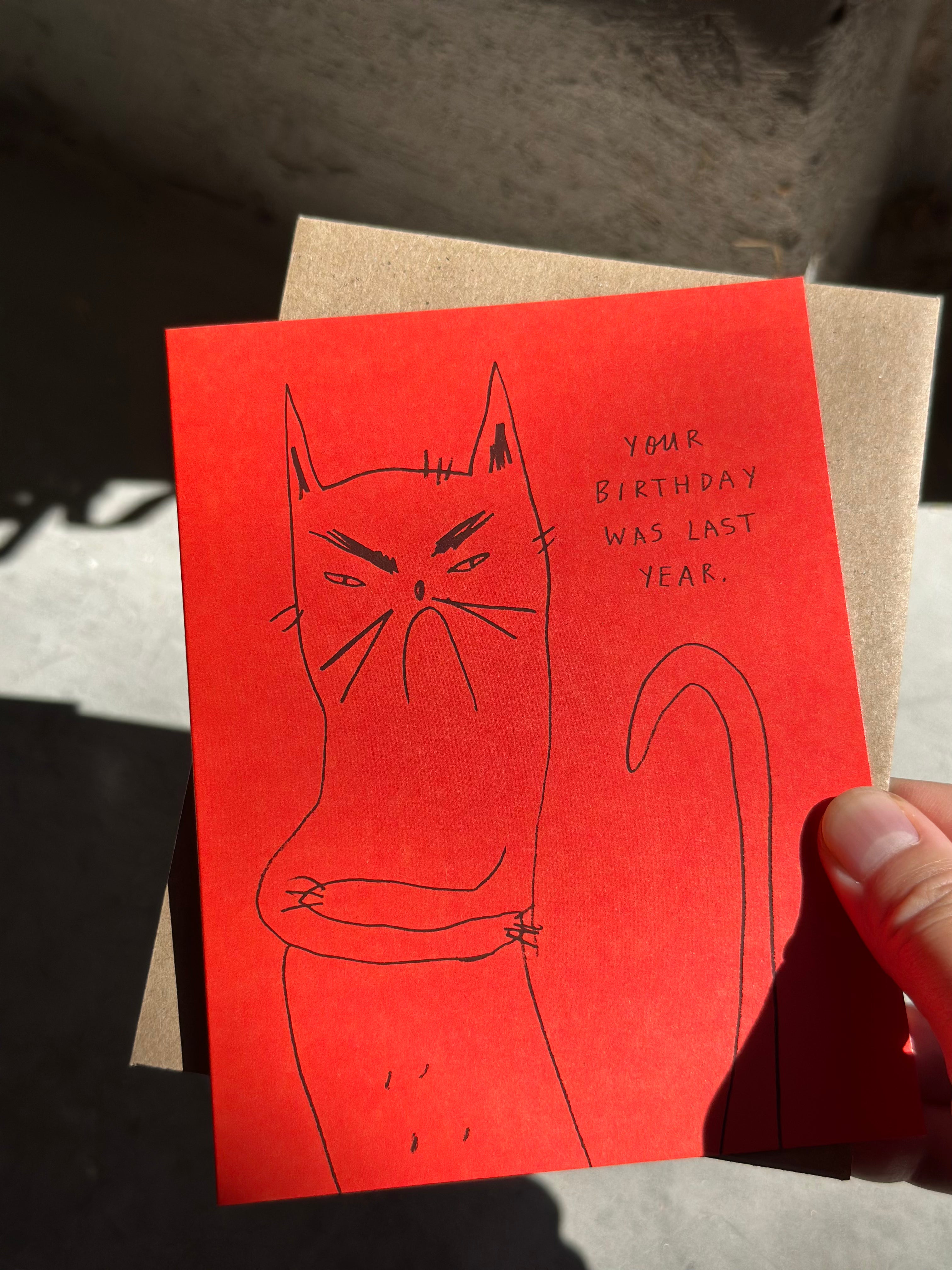 Funny red cat birthday card with hand-drawn unimpressed cat crossing arms, captioned ‘Your birthday was last year’ with brown kraft envelope.