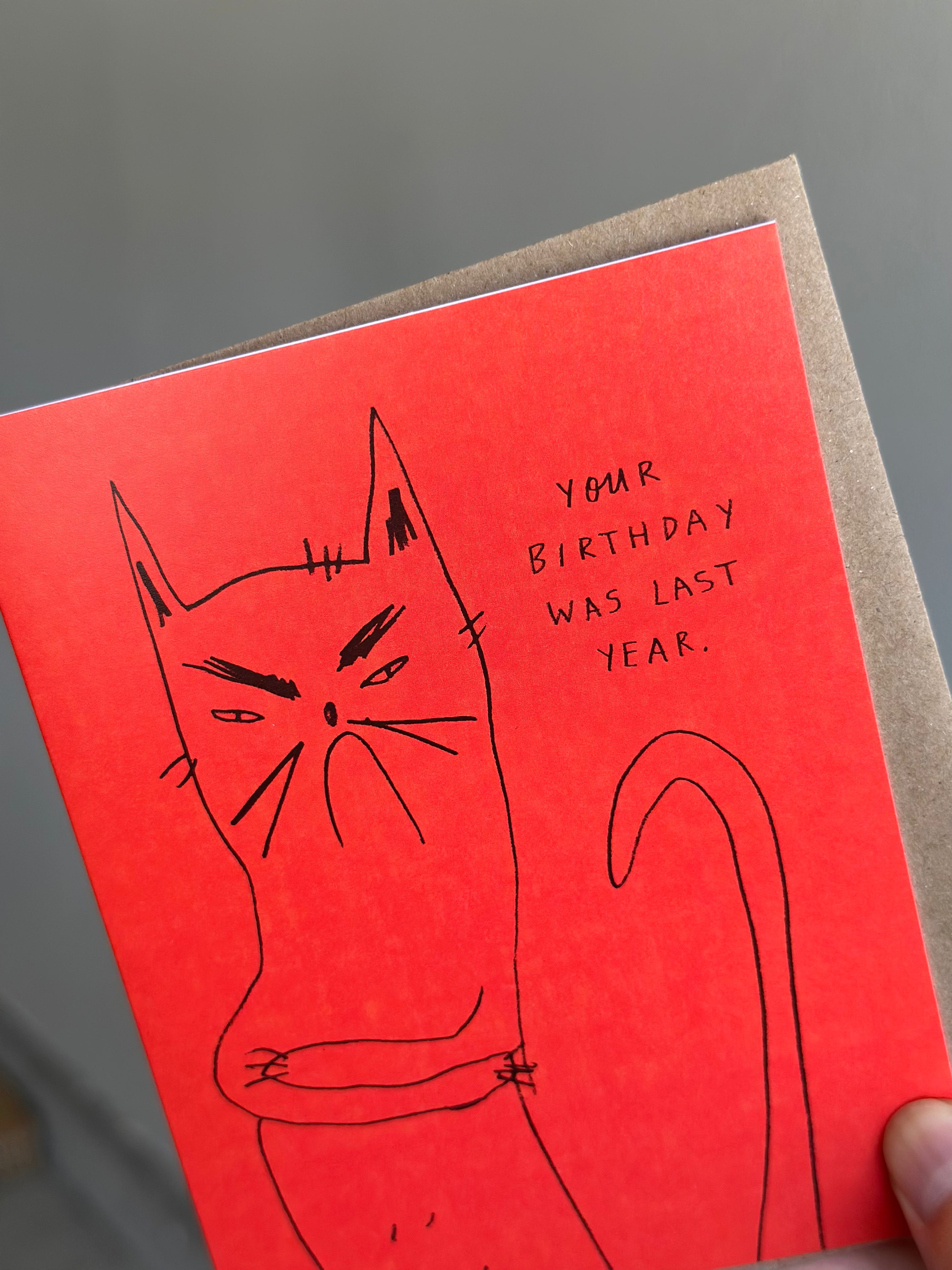 Funny red cat birthday card with hand-drawn unimpressed cat crossing arms, captioned ‘Your birthday was last year’ with brown kraft envelope.