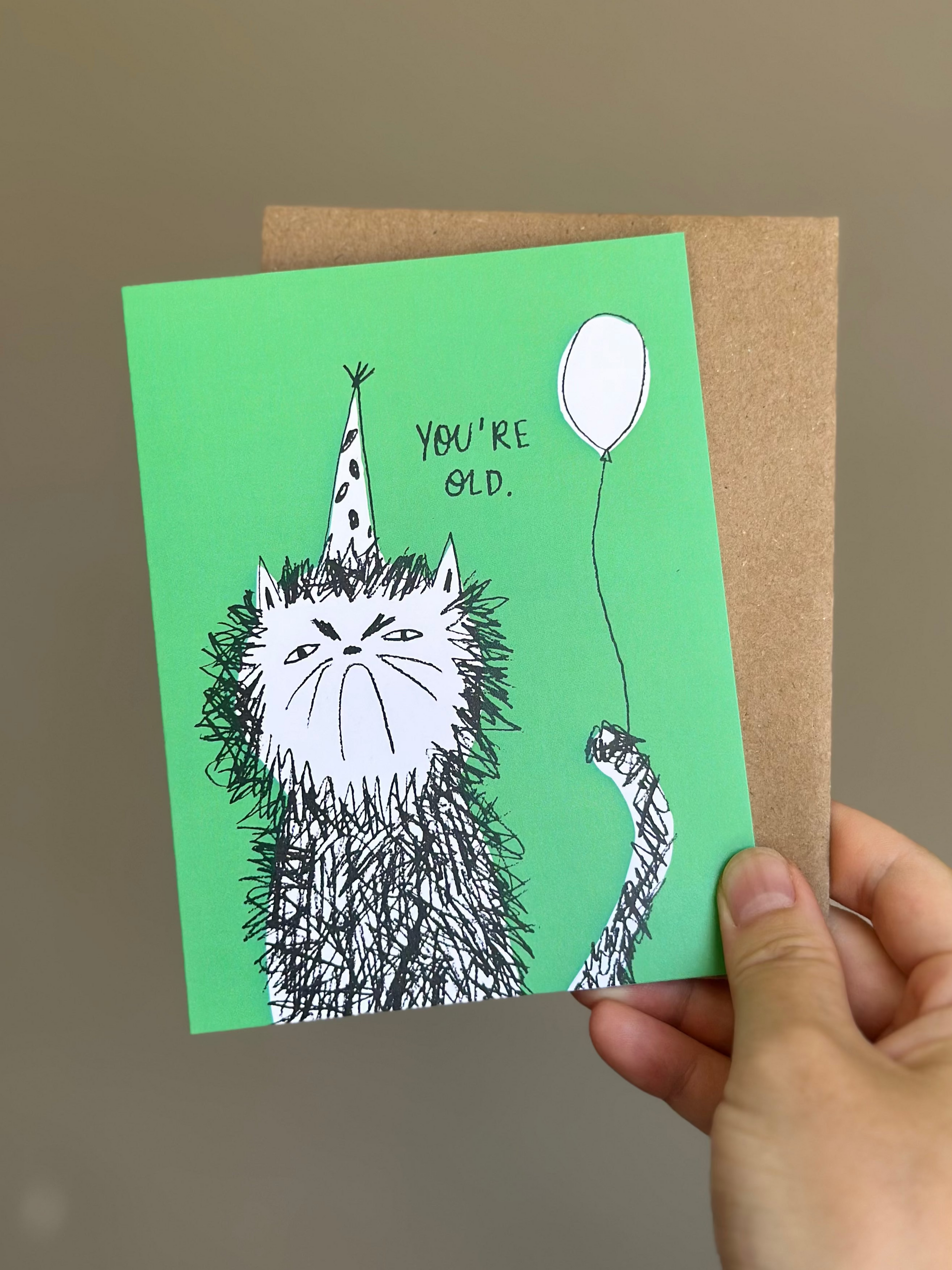 Funny cat birthday card with scruffy hand-drawn cat wearing a polka dot party hat and holding a balloon, saying ‘You’re Old’ on green background with brown kraft envelope.