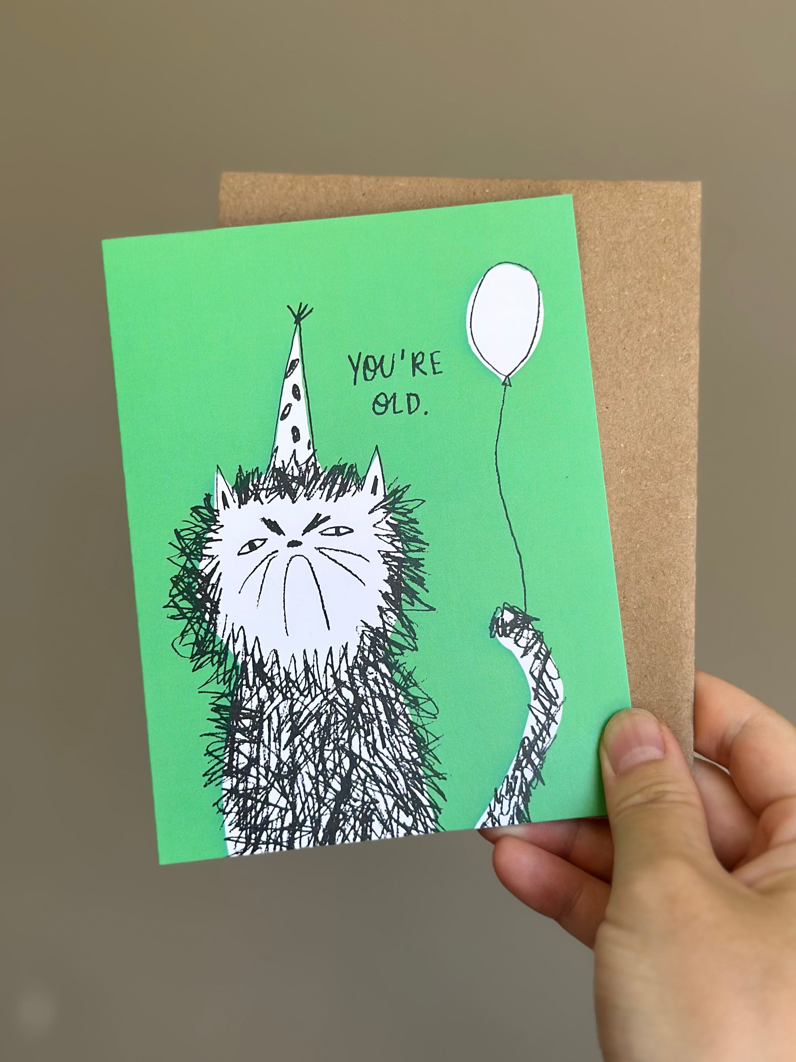 Funny cat birthday card with scruffy hand-drawn cat wearing a polka dot party hat and holding a balloon, saying ‘You’re Old’ on green background with brown kraft envelope.